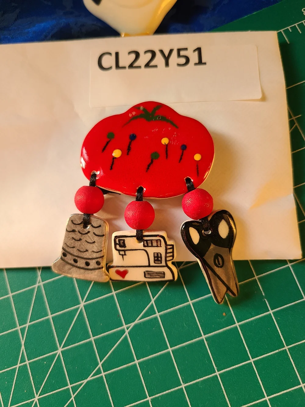 Vintage Red Sewing-Themed Brooch with Scissors, Thimble & Sewing Machine